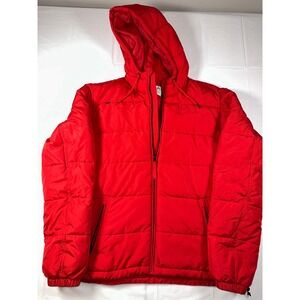 Aeropostale Remixed Down Puffer Jacket Mens Red Hooded Recycled Insulated Coat